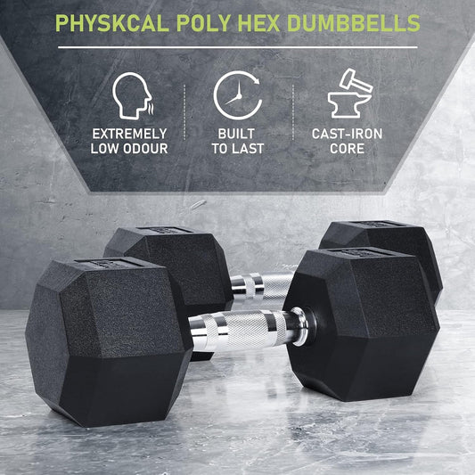 PhysKcal Hex Dumbbells Set Odourless Poly Rubber Encased Dumbbells 10kg