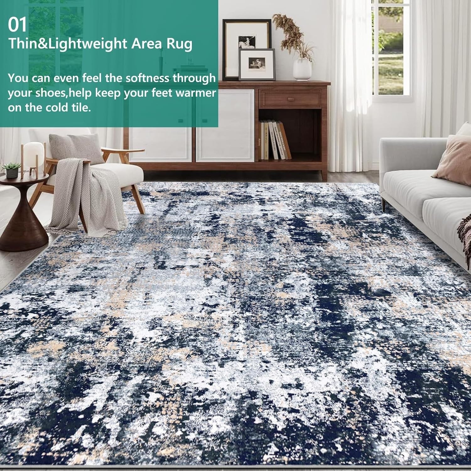 Large Area Rug Carpet 200x300cm Navy Blue Abstract Washable Non Slip Low Pile