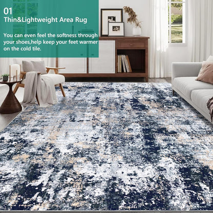Large Area Rug Carpet 200x300cm Navy Blue Abstract Washable Non Slip Low Pile