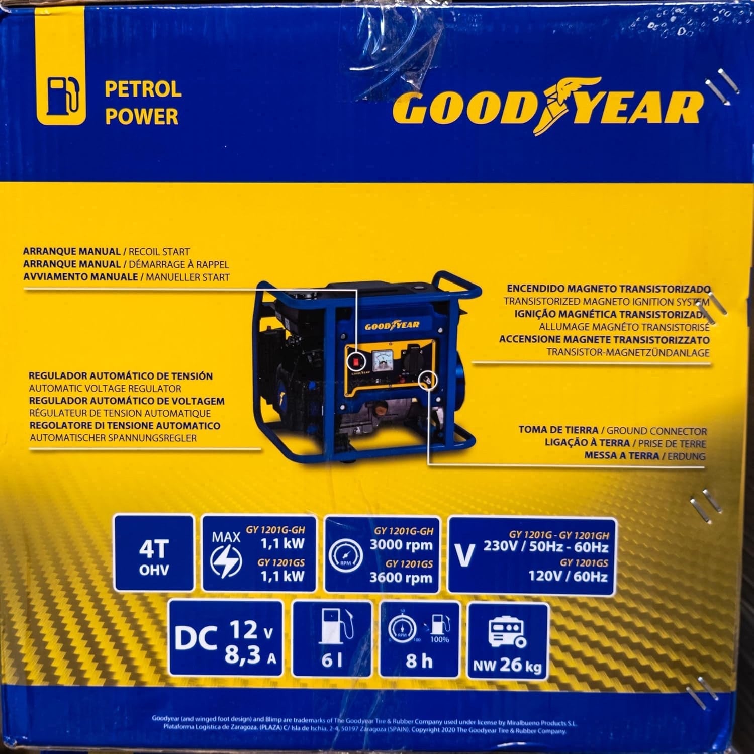 Goodyear generator 94 cm3  4t OHV 2.5 HP petrol. 1000 W 230 V AVR