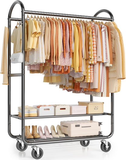 Clothes Rail Garment Rack Double Hanging Heavy Duty 326kg Wheels 2 Shelves Black