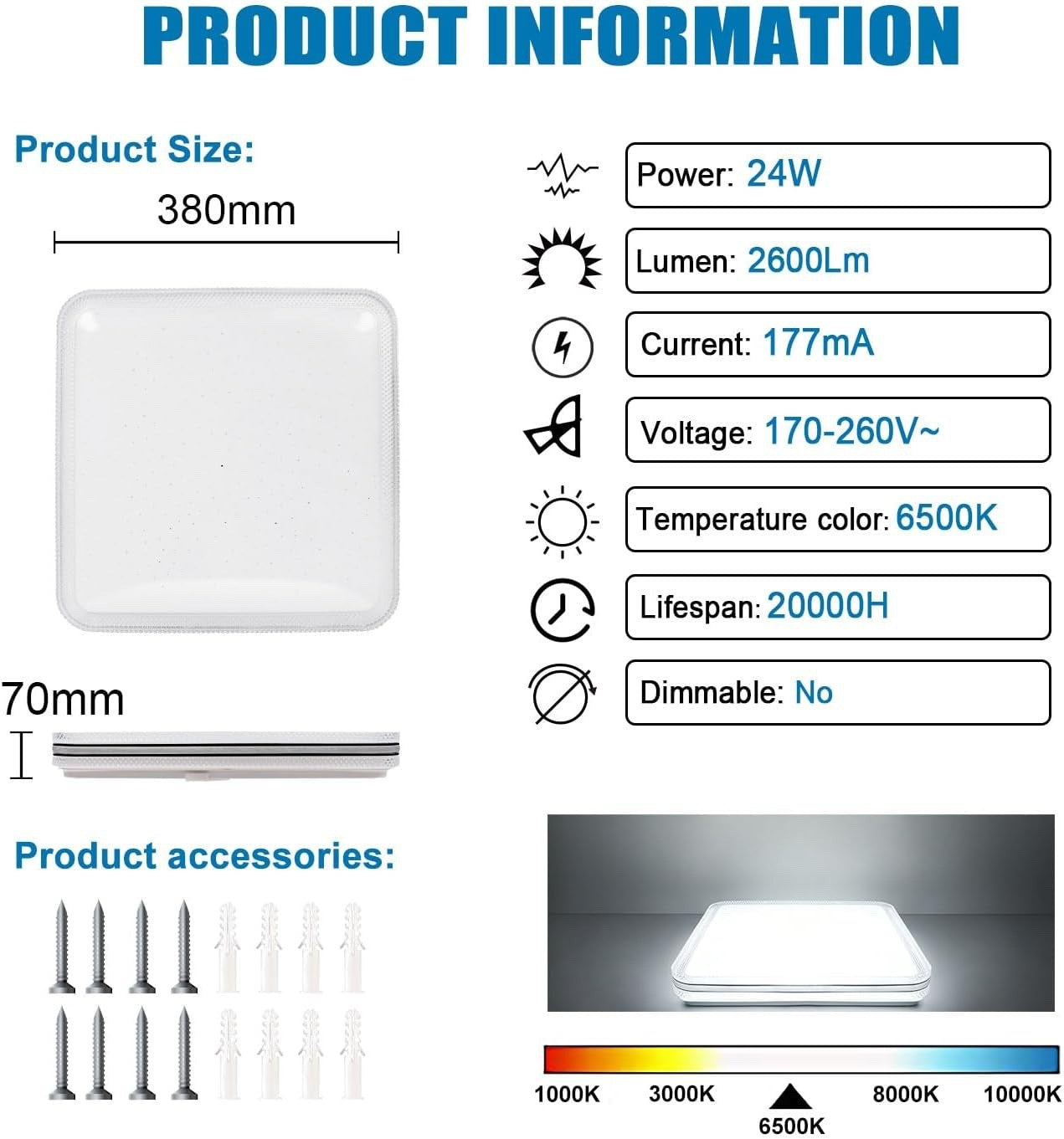 LED Ceiling Light Square Black Edge 6500K Cool White Flush Mount Modern