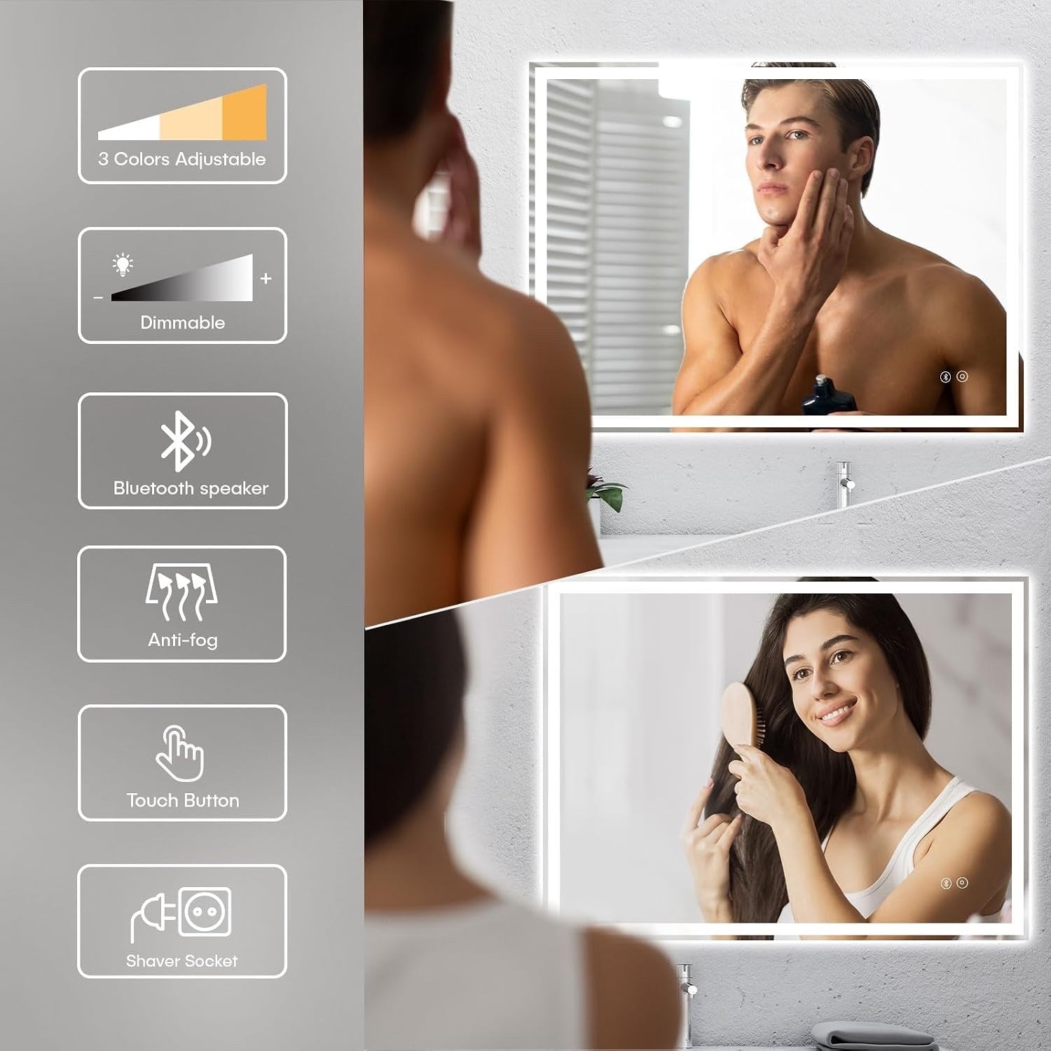 LED Bathroom Mirror Bluetooth Speaker Shaver Socket Anti Fog 50x70cm Dimmable
