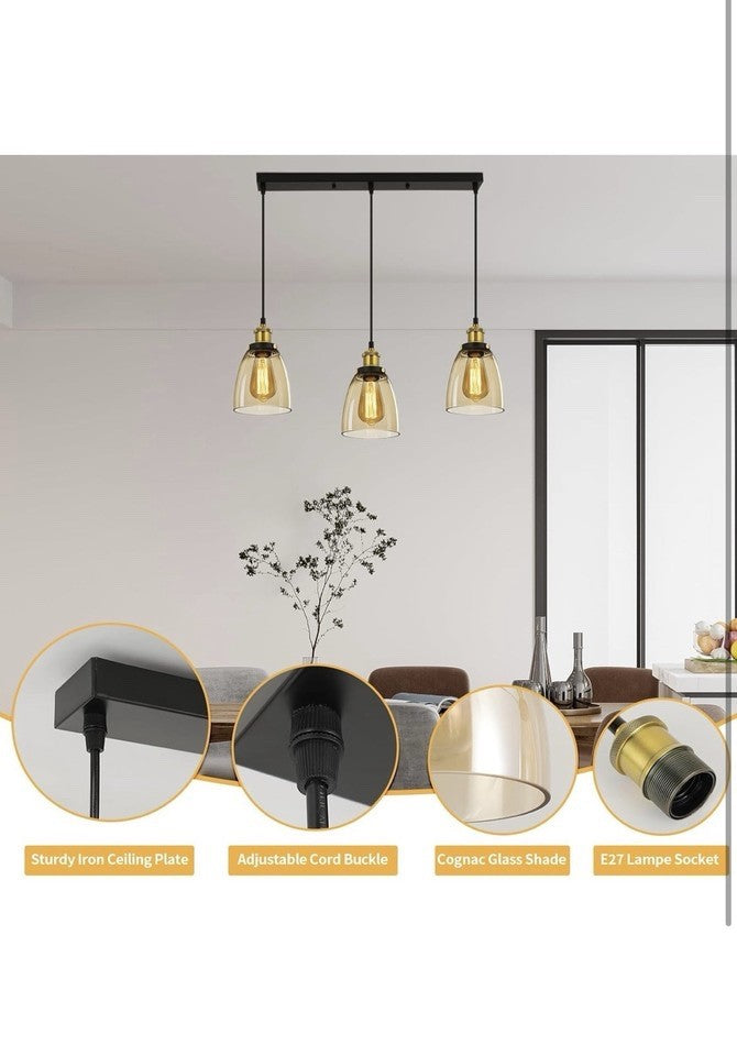 3 Light Cognac Glass Pendant Light Vintage Adjustable Ceiling Hanging Lamp