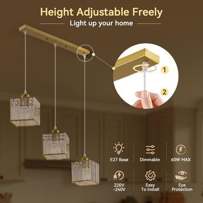 Crystal Chandelier Ceiling Light 3 Lights Adjustable Height E27 Pendant Modern