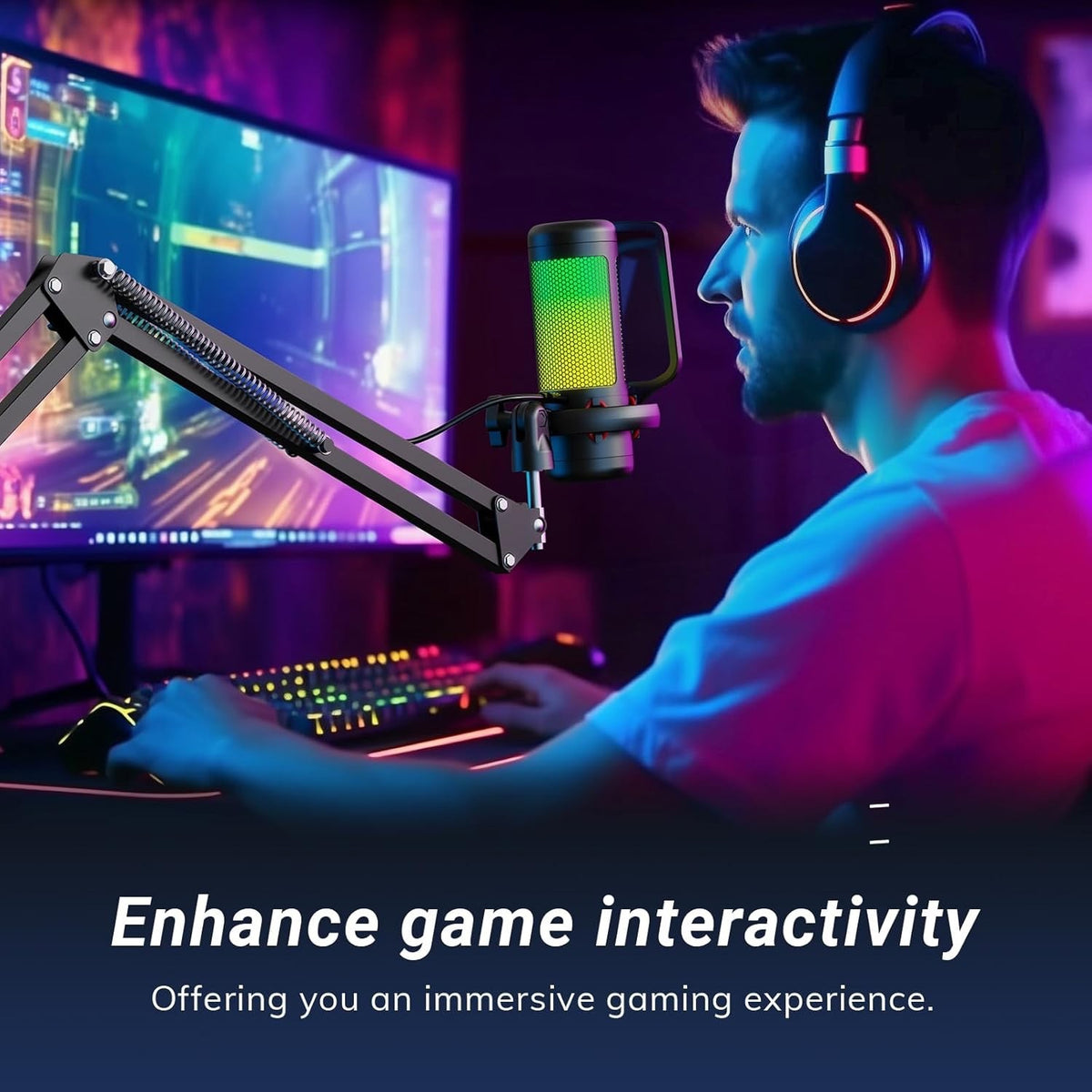 USB Microphone Gaming Condenser RGB Boom Arm Stand PC Streaming Podcast Black