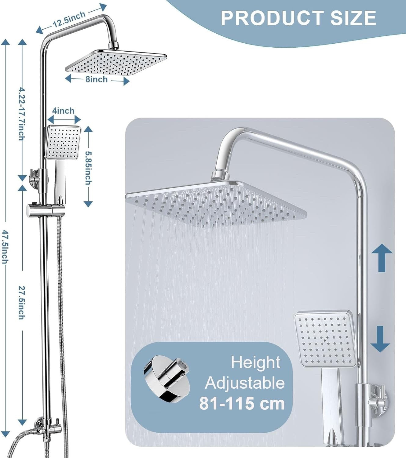 Shower Riser Rail Kit Rainfall Head Handheld Chrome Bathroom Mixer Set Hose