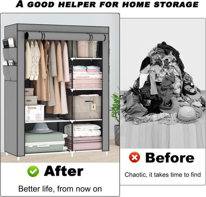 Canvas Wardrobe Portable Clothes Closet Grey 105x45x165cm 5 Shelves Hanging Rail