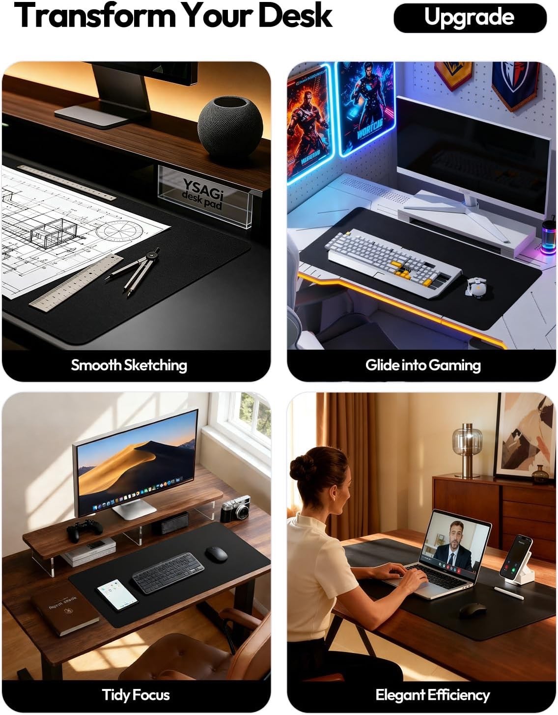 Desk Mat Mouse Pad Large 100x50cm Black Faux Leather Waterproof Non Slip