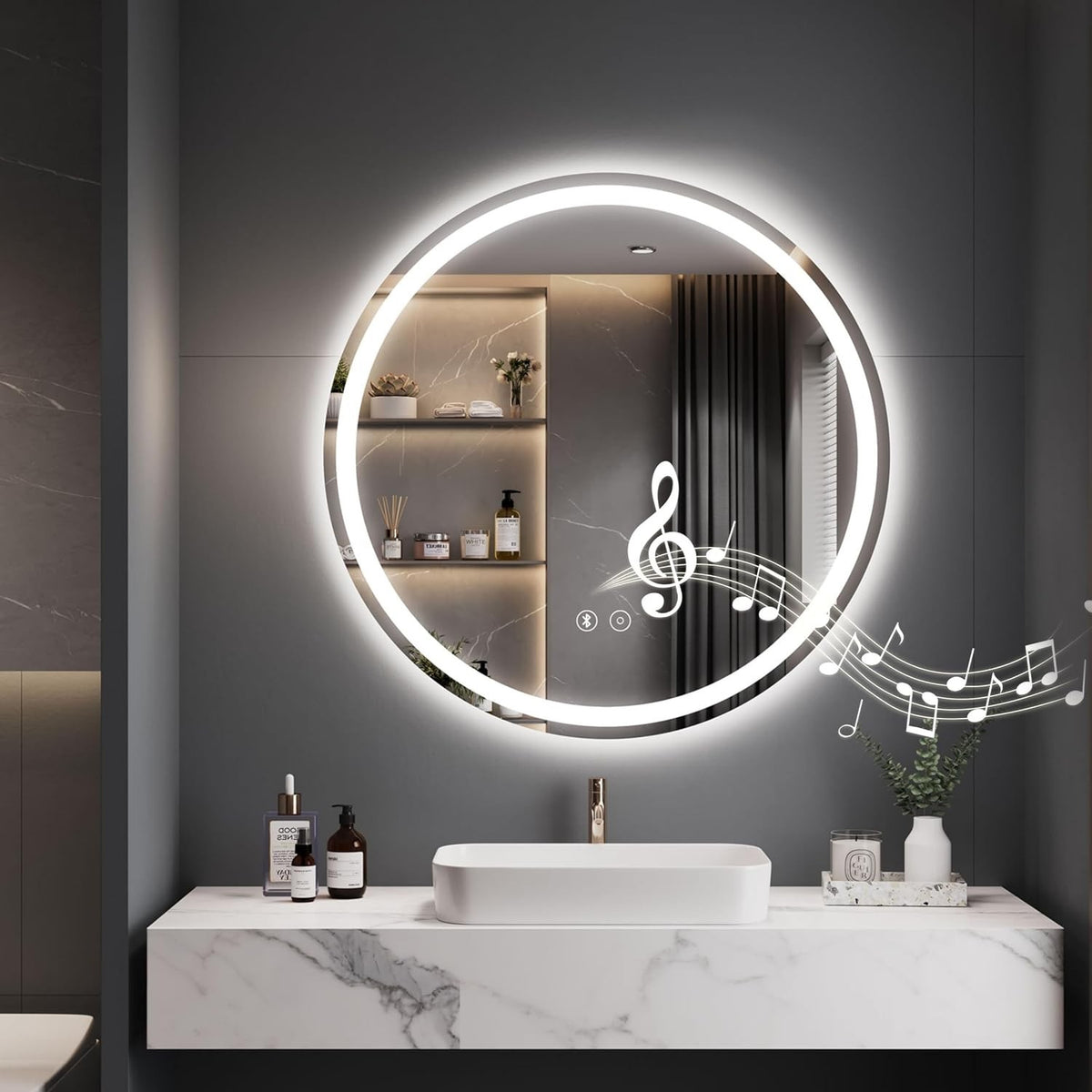 LED Bathroom Mirror Bluetooth Round 500mm Speaker Anti Fog Dimmable Backlit IP44