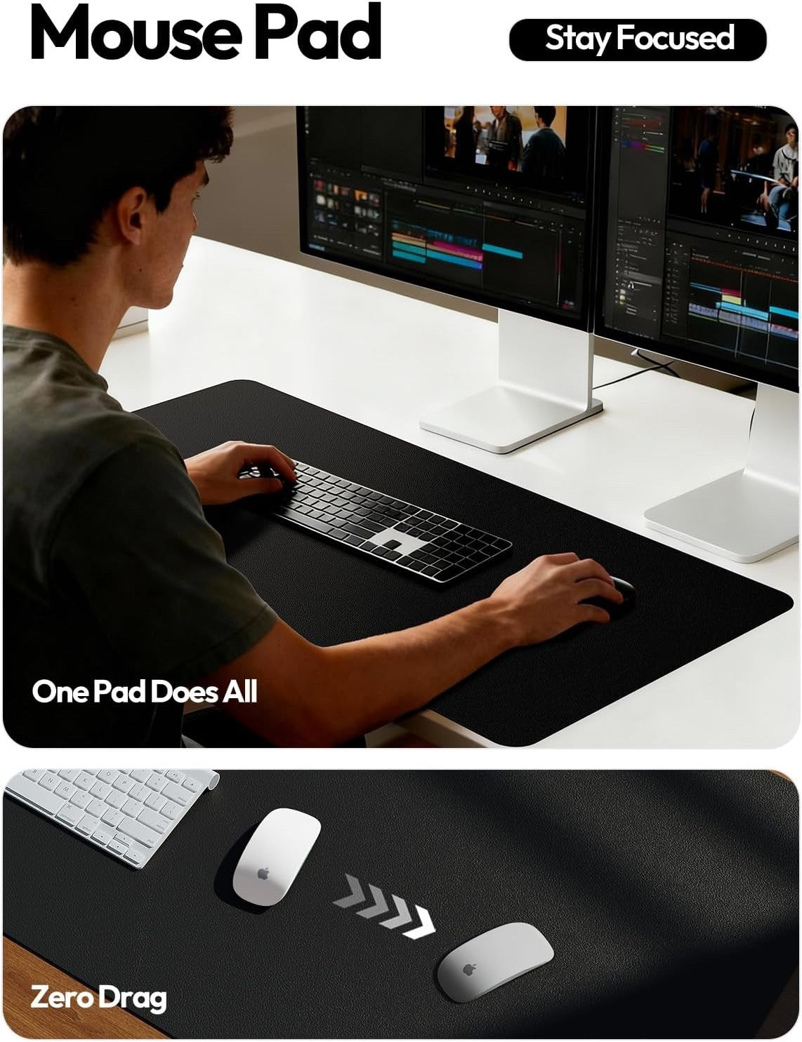 Desk Mat Mouse Pad Large 100x50cm Black Faux Leather Waterproof Non Slip