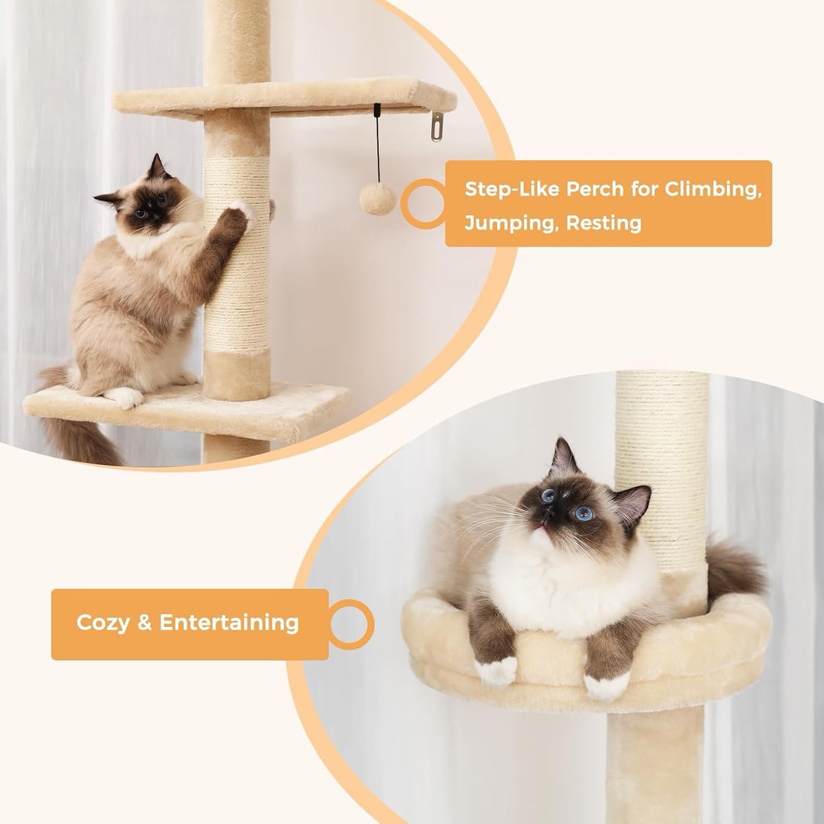 Cat Tree Tower Scratching Post Floor Ceiling 5 Tier Adjustable 243-273cm Beige