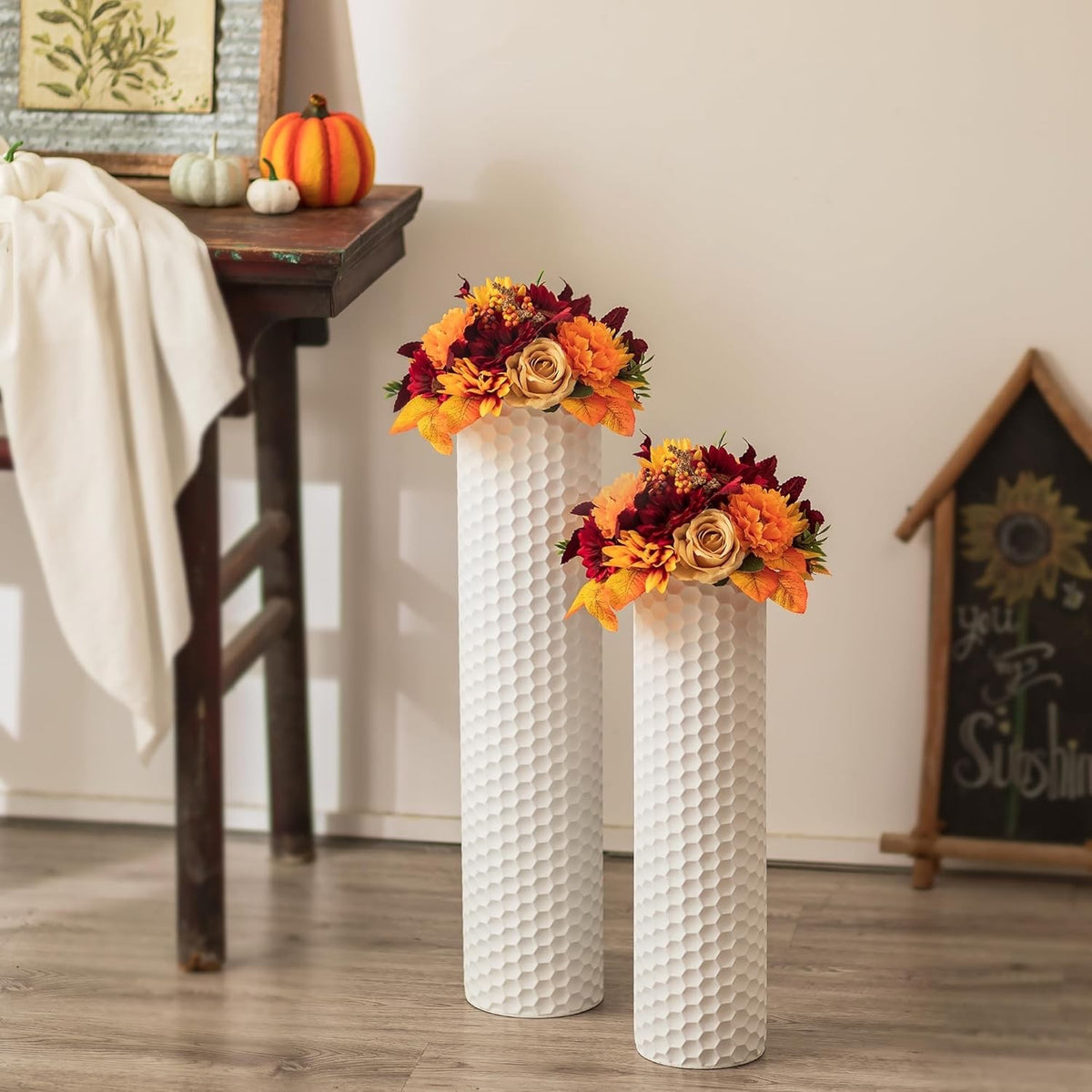 Tall Floor Vase Set 2 White Metal 70cm 55cm Honeycomb Modern Pampas Grass Decor