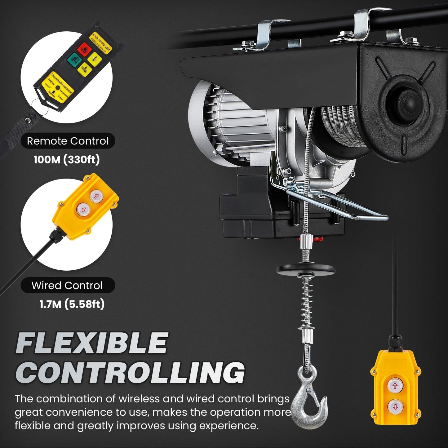 Electric Hoist Winch 140kg 280kg Cable Lift 1600W Wireless Wired Remote Crane