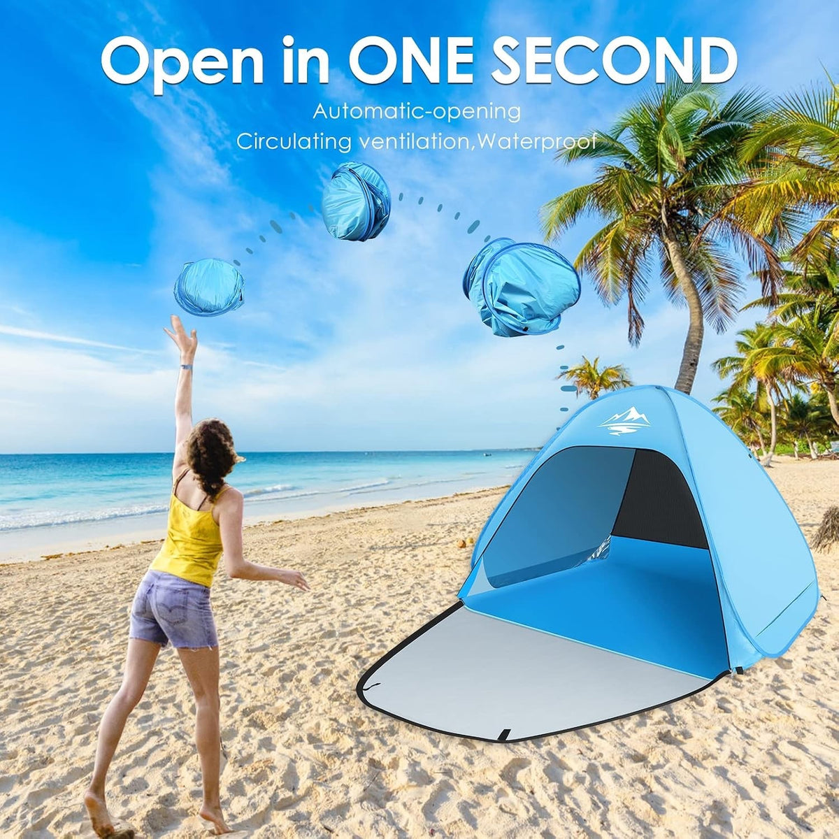 Pop Up Beach Tent Sun Shelter 2-3 Person UPF50+ Waterproof Blue Portable Shade