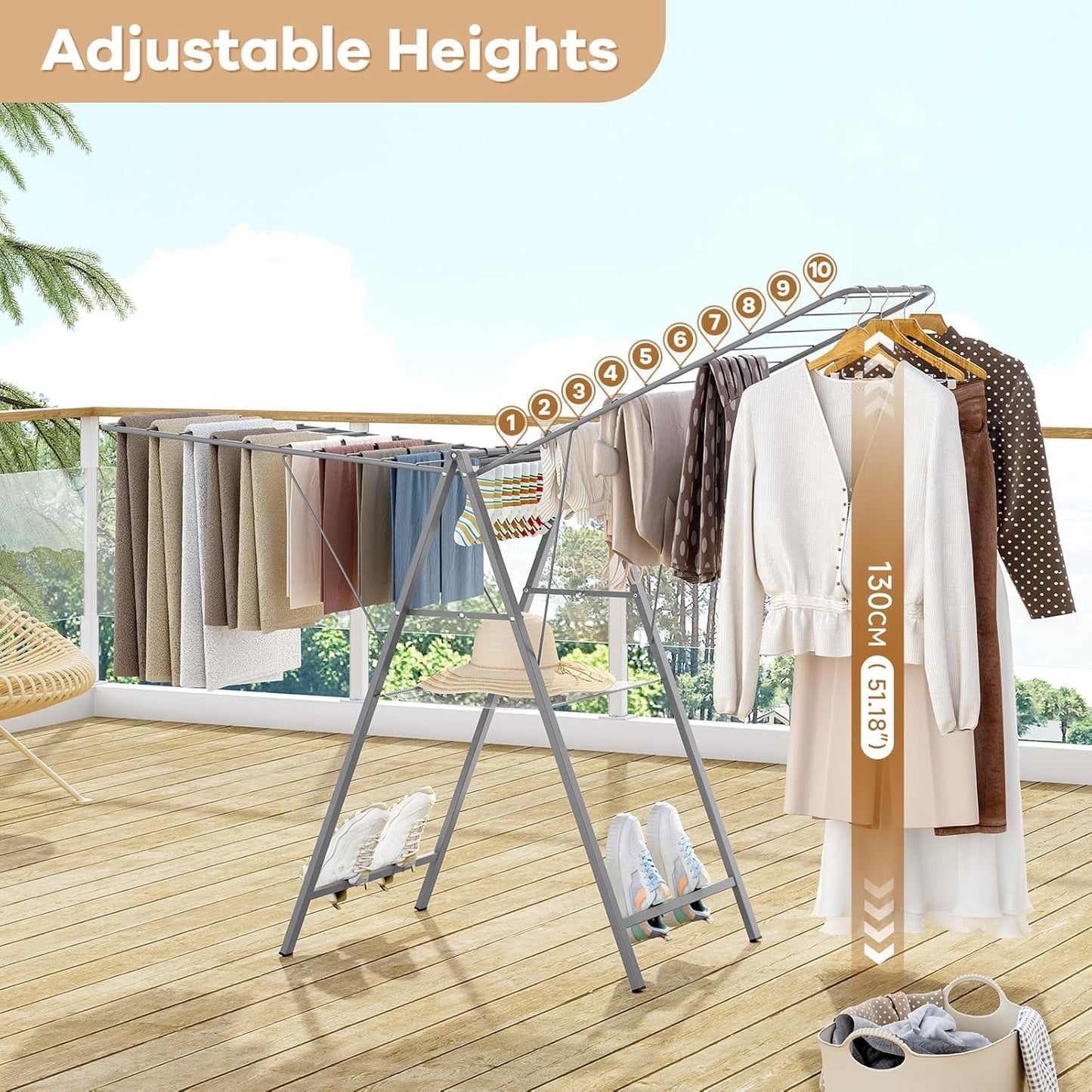 Clothes Airer Drying Rack Foldable Height Adjustable Laundry Indoor Outdoor Grey