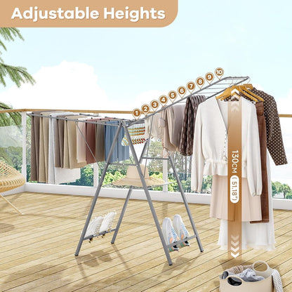 Clothes Airer Drying Rack Foldable Height Adjustable Laundry Indoor Outdoor Grey