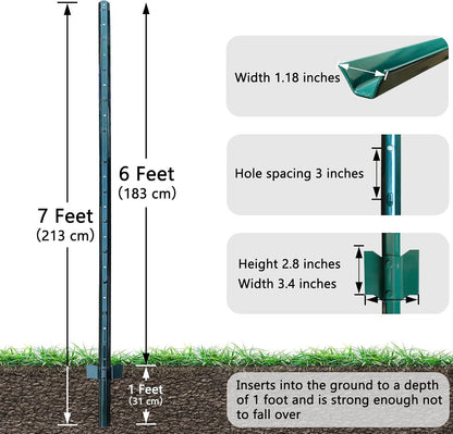 Fence Posts 7ft 213cm 7 Pack Metal U Channel Steel Garden Wire Mesh Green No Dig