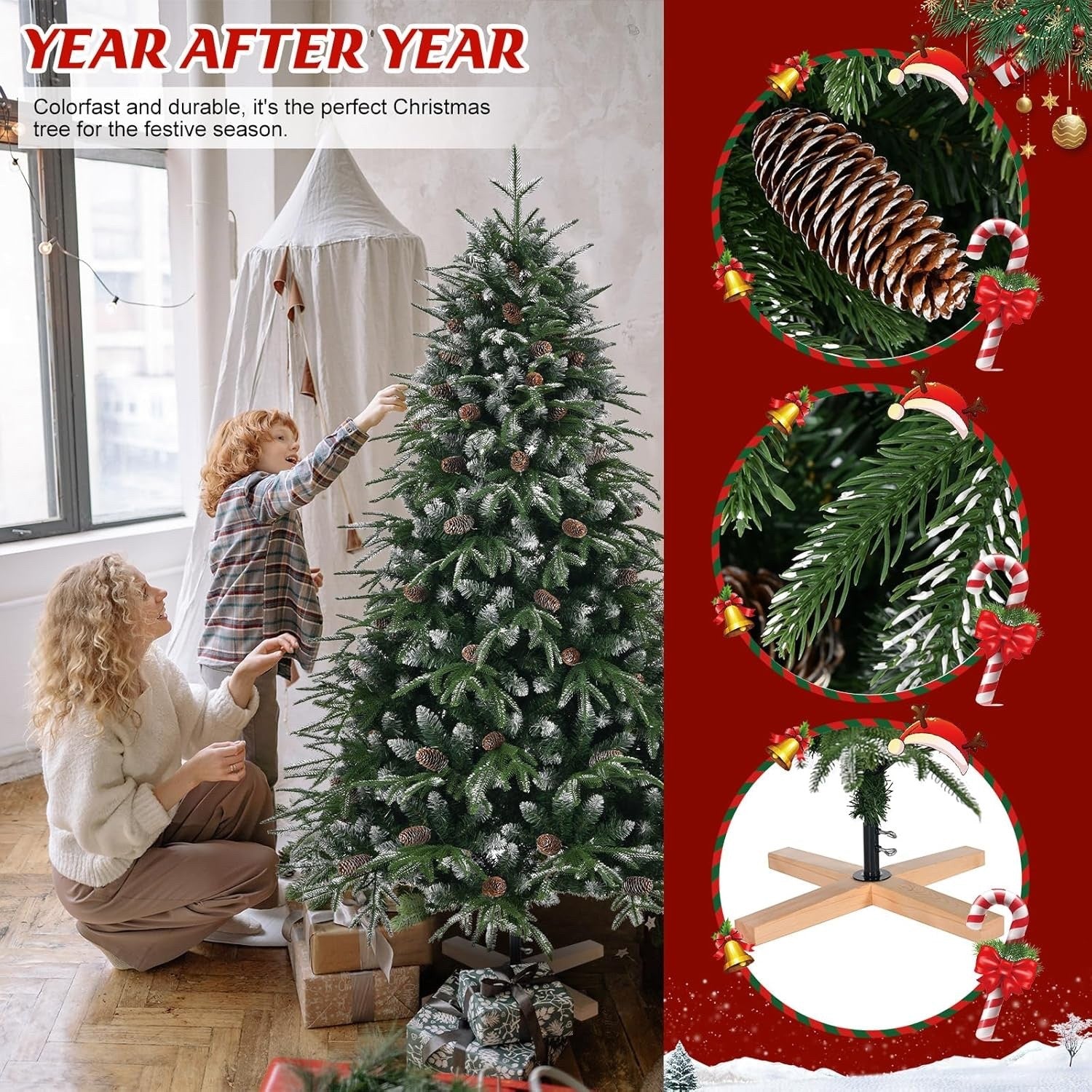 180cm Snow Flocked Artificial Christmas Tree PE PVC Pinecones Wood Stand
