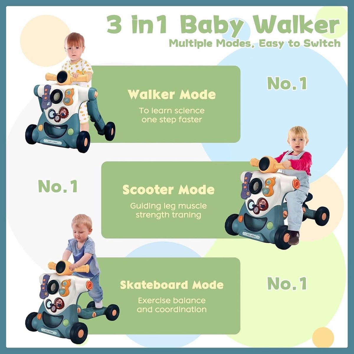 Baby Walker Push Along Toy 3 in 1 Sit Stand Ride On Blue Music Activity Panel