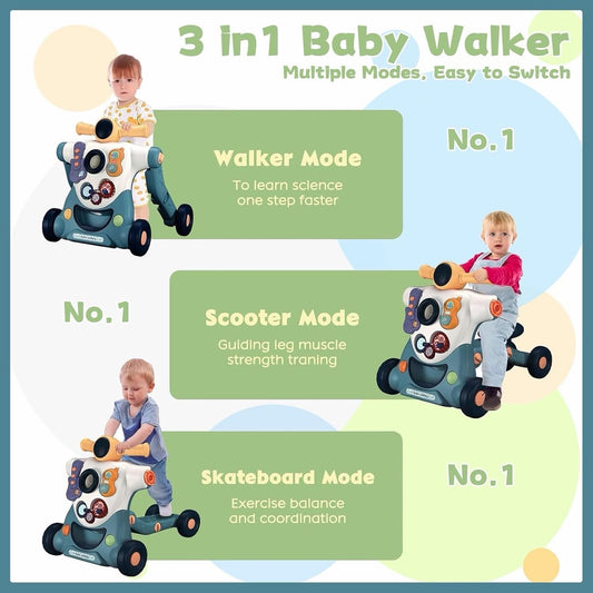 Baby Walker Push Along Toy 3 in 1 Sit Stand Ride On Blue Music Activity Panel