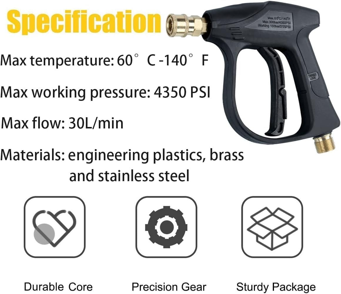 4350 PSI Short Pressure Washer Gun M22 14mm 1/4" Quick Connect for Karcher K1-K7