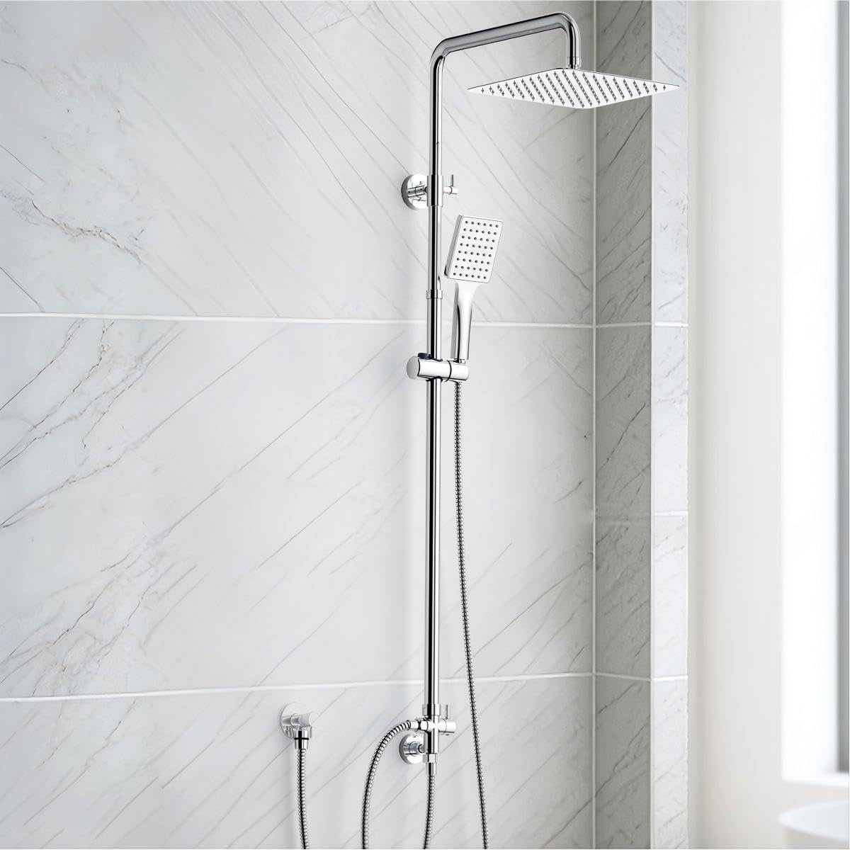 Rain Shower System 25x25cm Square Head Handset Adjustable Rail 75-110cm Chrome
