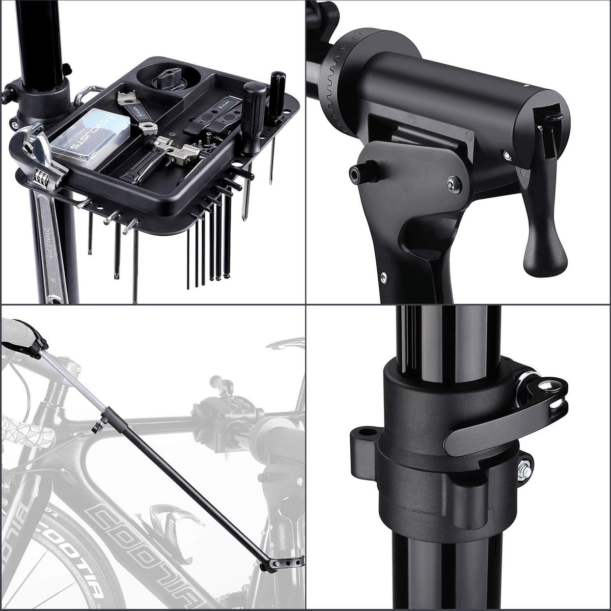 Bike Repair Stand Workstand Foldable Aluminium 360° Clamp Tool Tray 27kg Black