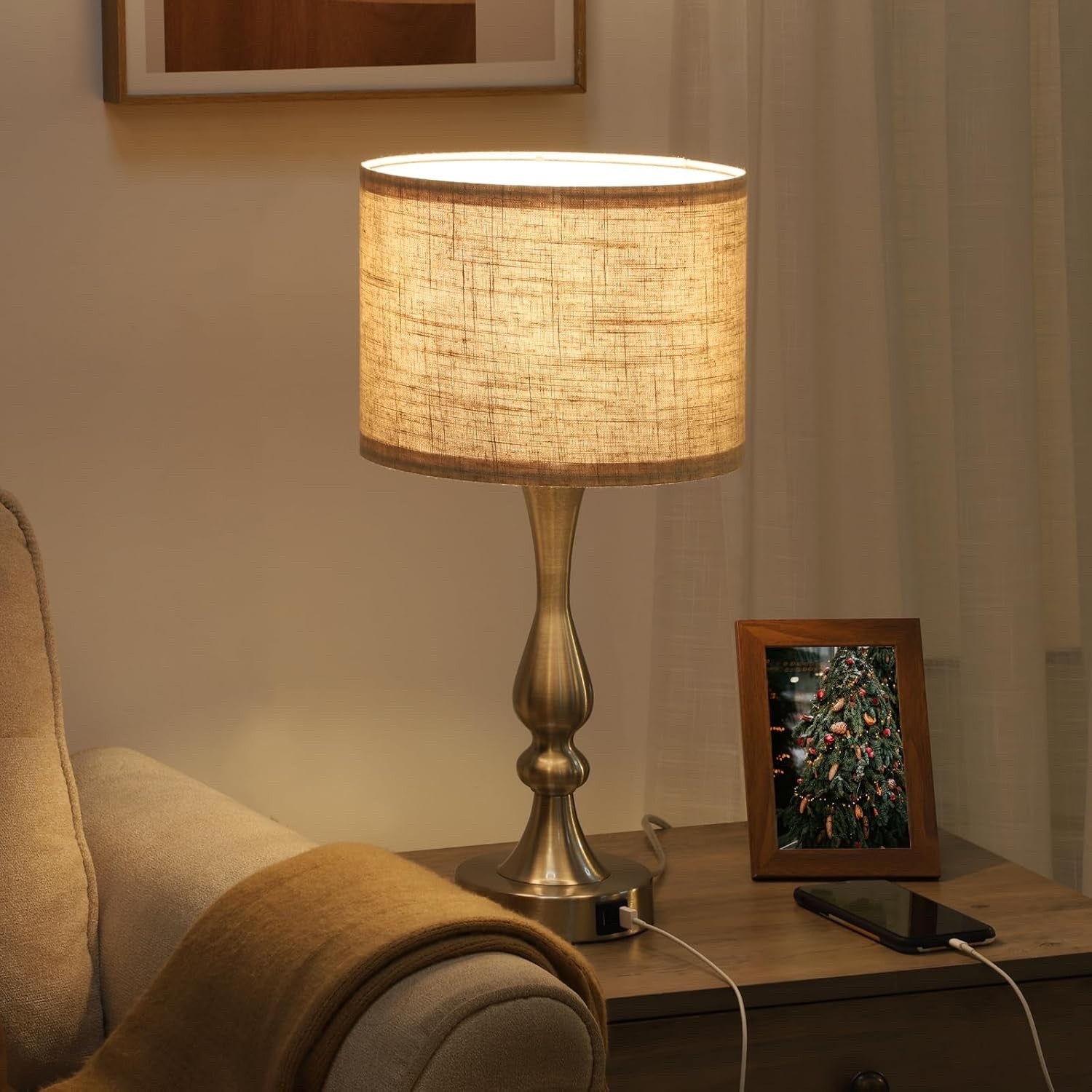 EDISHINE Bedside Lamps Set of 2 - 3 Way Dimmable Touch Lamp with USB Charging