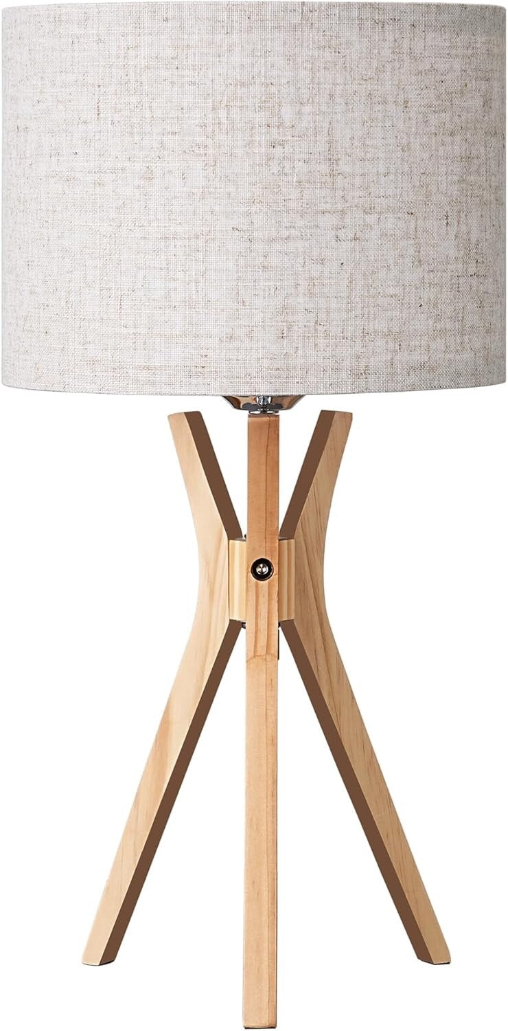 EDISHINE Modern Bedside Lamp, 46cm Tripod Table Lamp with Solid Wood Legs, Beige