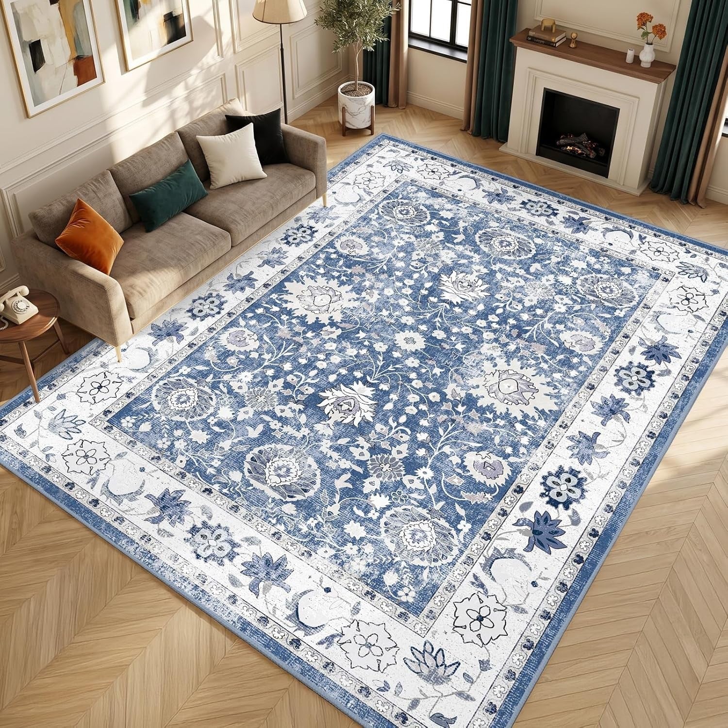 Vintage Area Rug 200x300cm Blue Washable Non Slip Low Pile Floral Floor Mat