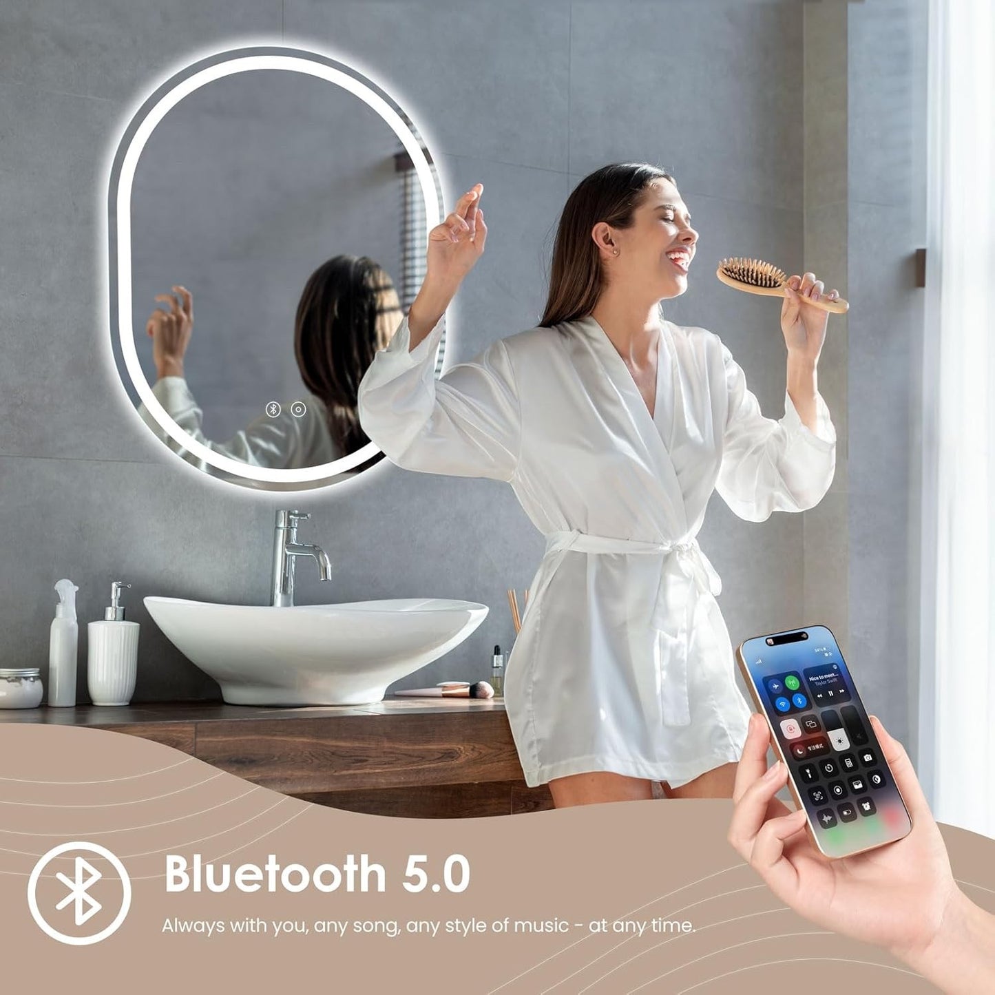 Bathroom LED Mirror Bluetooth 500x700mm Oval Demister Dimmable Wall Light IP44