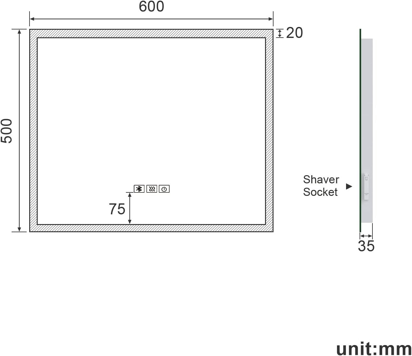 LED Bathroom Mirror 600x500mm Bluetooth Shaver Socket Demister Wall Mount