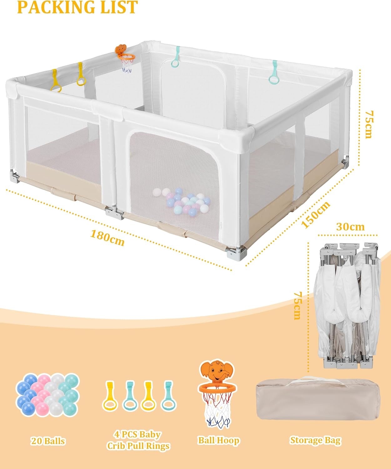 Baby Playpen Play Yard Foldable Large 180x150cm Toddler Safety Pen Hoop Bag