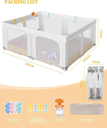 Baby Playpen Play Yard Foldable Large 180x150cm Toddler Safety Pen Hoop Bag