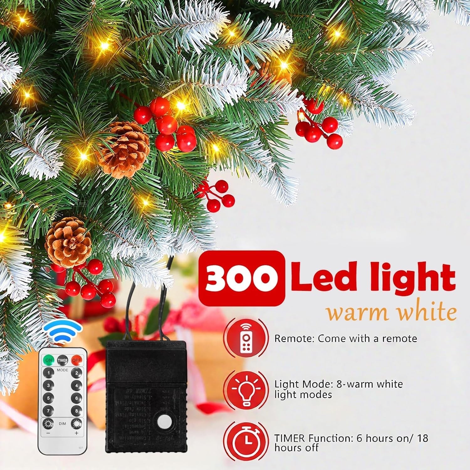 6FT Pre Lit Artificial Christmas Tree 300 Lights 847 Tips Pinecones Stand