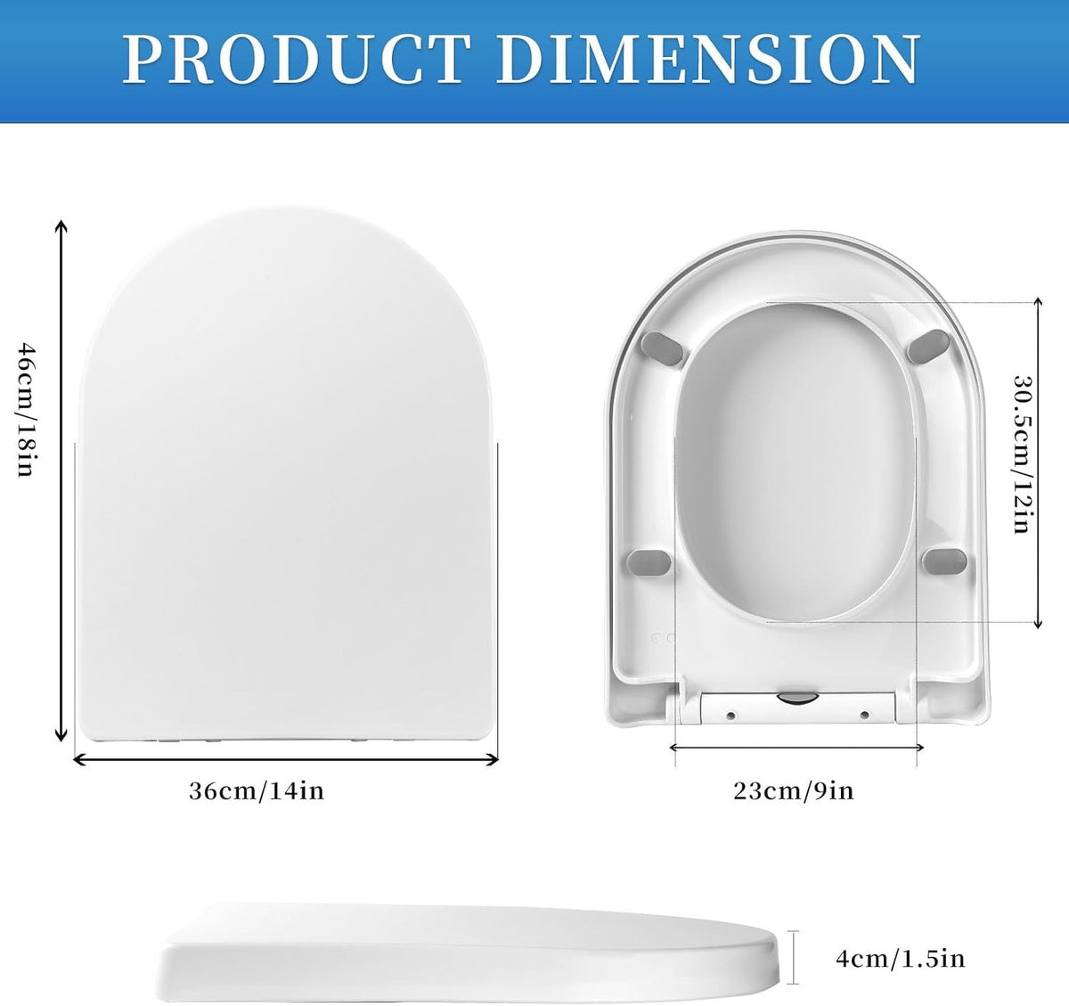 D Shape Toilet Seat Soft Close Quick Release Top Fix 46x36cm White Bathroom