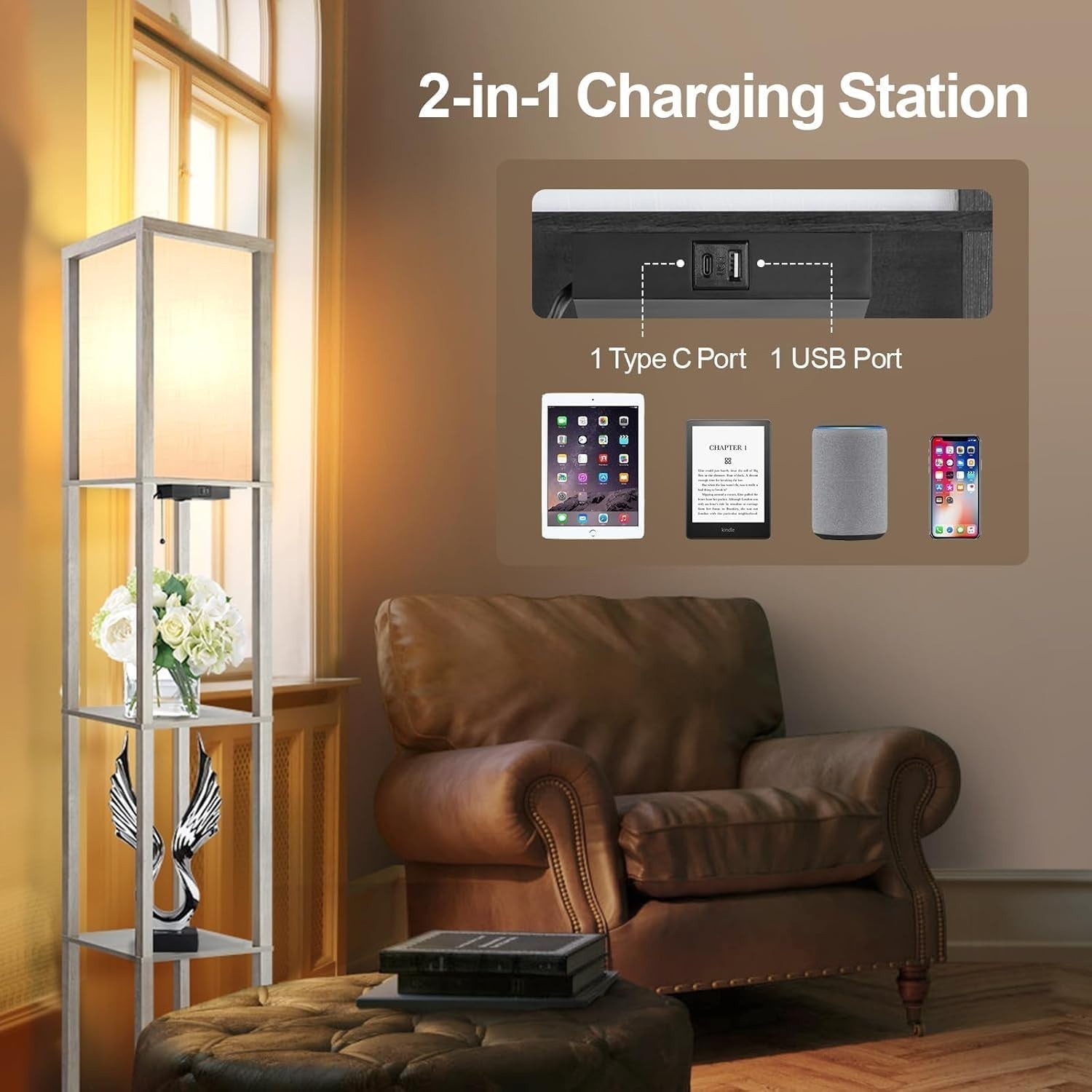 LED Floor Lamp w/ Shelves Remote Dimmable USB 3-Tier Rustic Grey