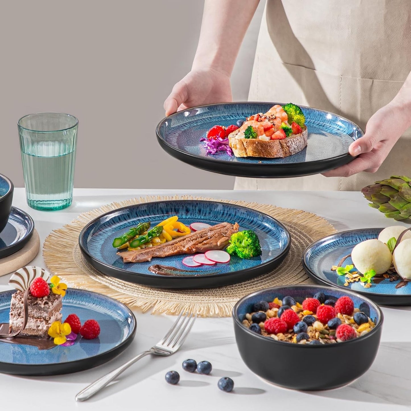 Ceramic Dinner Set Plates Bowls Blue Reactive Glaze Stoneware Tableware 17pc