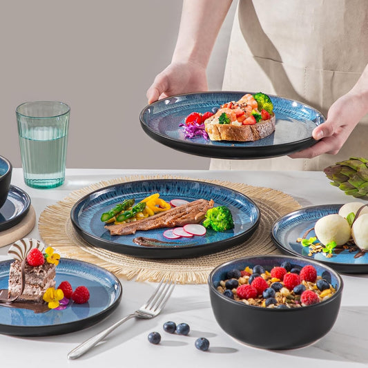 Ceramic Dinner Set Plates Bowls Blue Reactive Glaze Stoneware Tableware 17pc