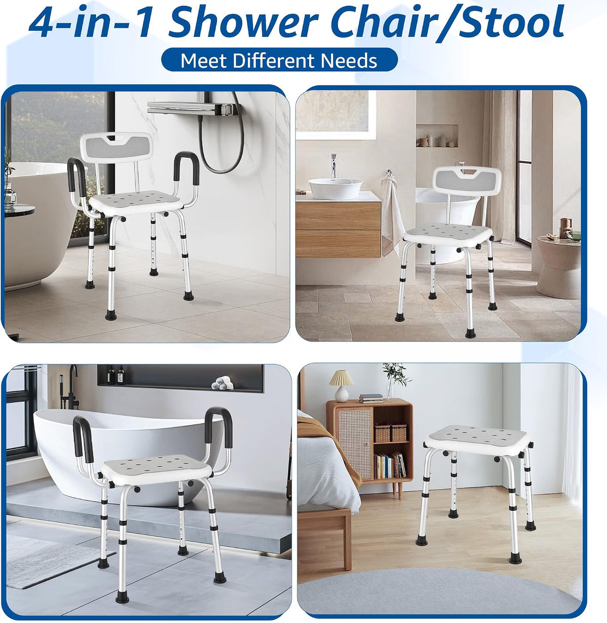 Shower Chair Shower Seat Padded Arms Back Extra Wide 330lb 6 Height Grey NonSlip