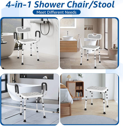 Shower Chair Shower Seat Padded Arms Back Extra Wide 330lb 6 Height Grey NonSlip
