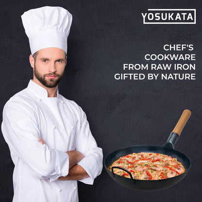 Wok Pan Carbon Steel 34cm Blue Flat Bottom Pre Seasoned Chinese Stir Fry Cooking