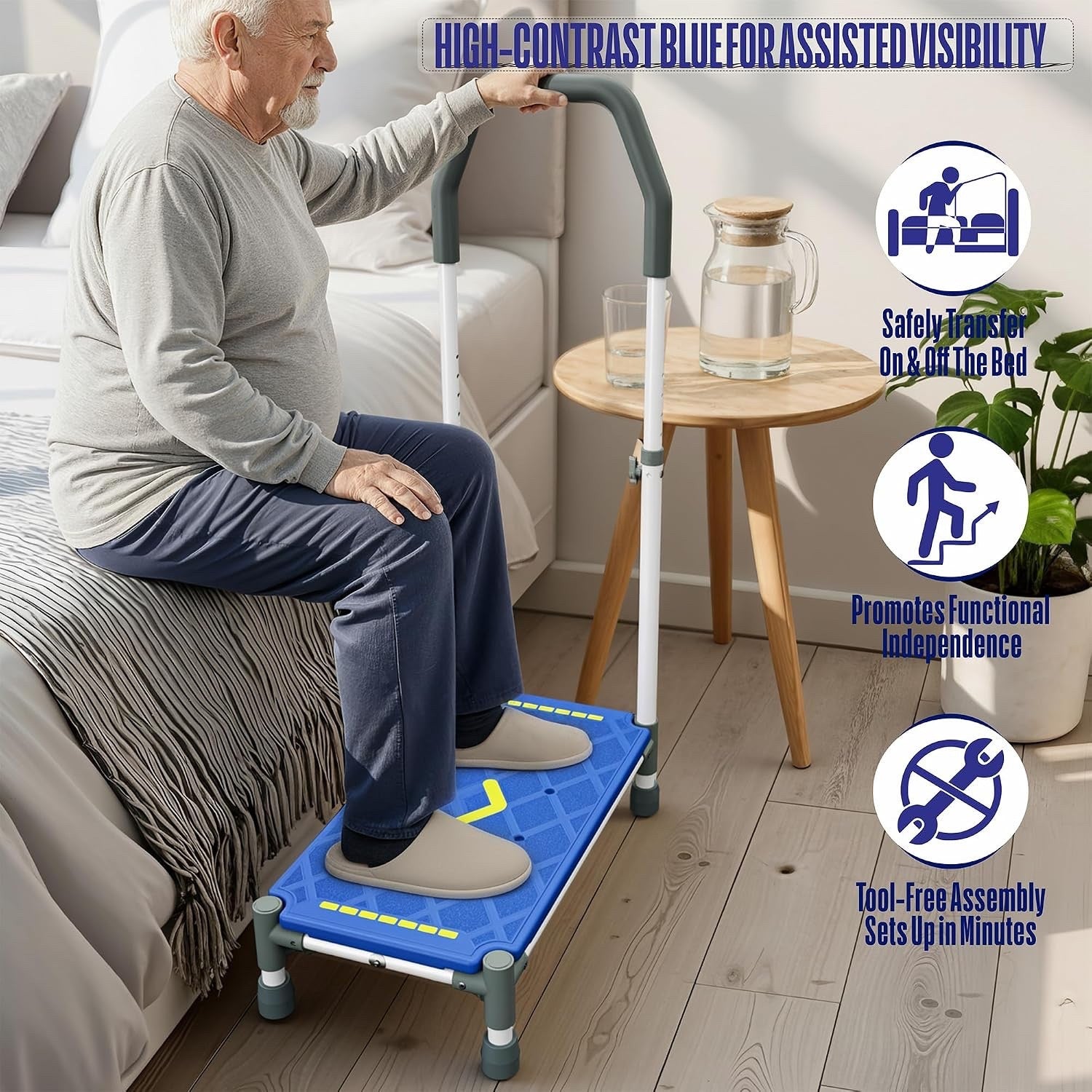 Step Stool Handrail Platform Adjustable Arms Non Slip 225kg Blue Bed Bathroom