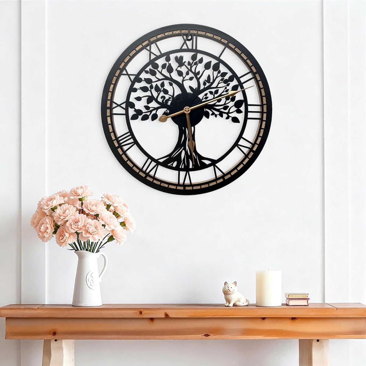 Tree of Life Wall Clock 40cm Large Black Metal Silent Non Ticking Quartz Home