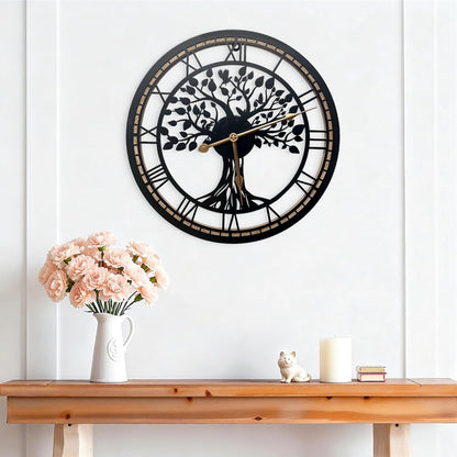 Tree of Life Wall Clock 40cm Large Black Metal Silent Non Ticking Quartz Home