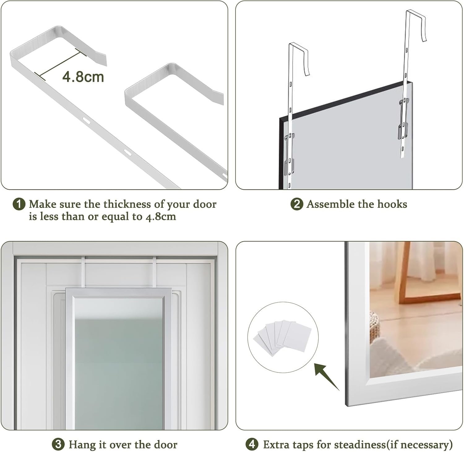 Over Door Full Length Mirror 110x45cm Wall Mounted Silver Frame Bedroom