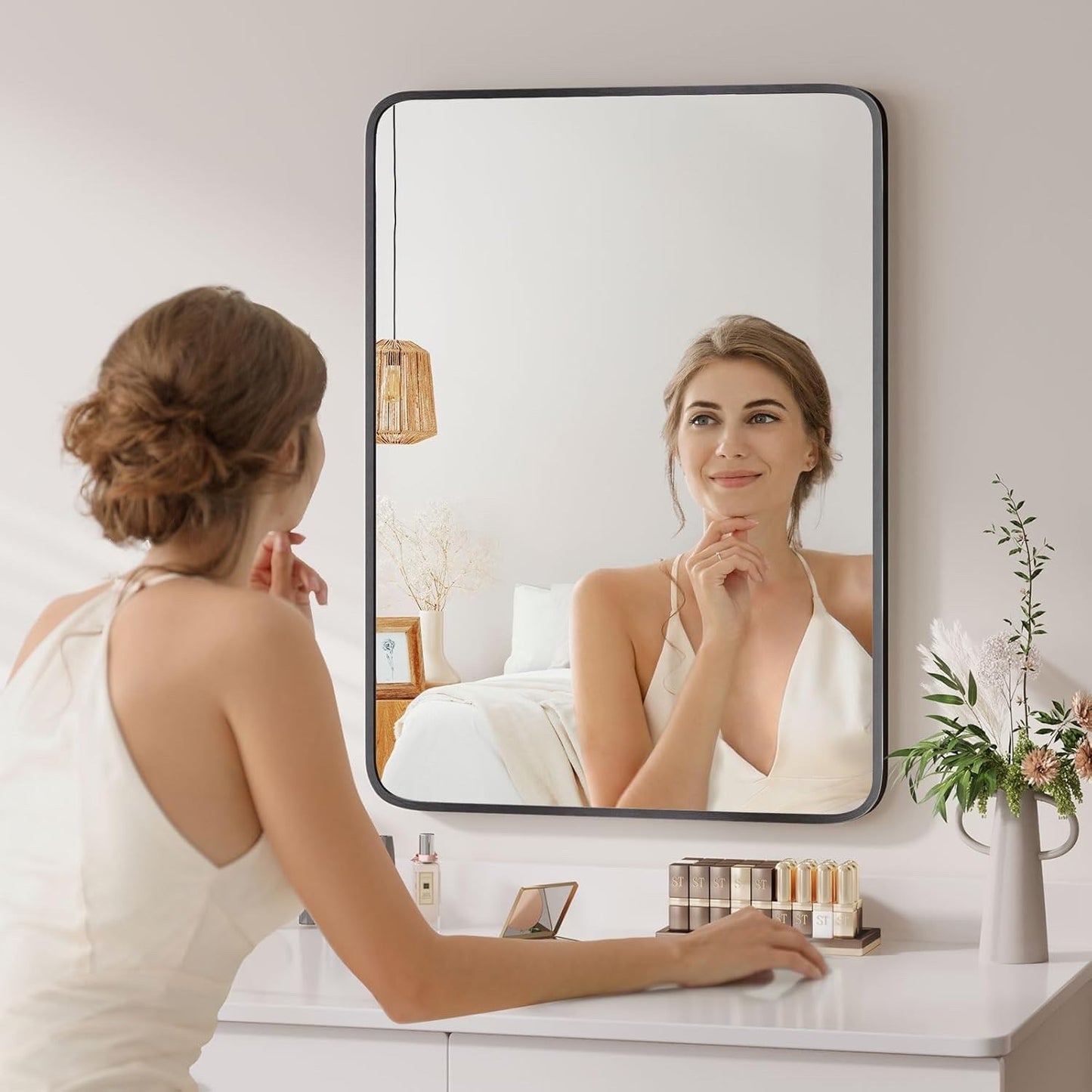 Bathroom Mirror Black 55x75cm Framed Rectangular Wall Hanging Lean Glass