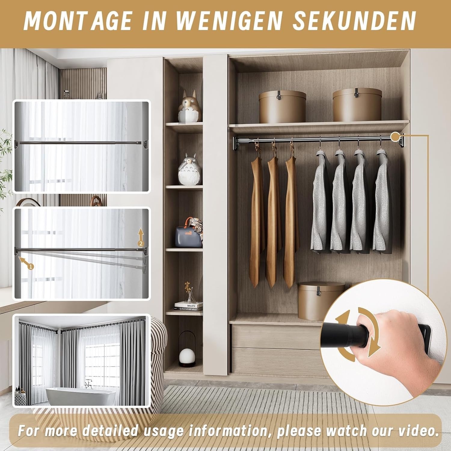 Heavy Duty Steel Tension Clothes Rail No Drill 50kg Curtain Pole Multi Purpose