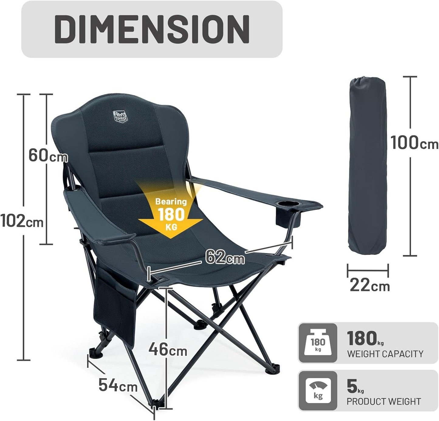 Folding Camping Chair Recliner 150kg Extra Wide 3 Position Cup Holder Black
